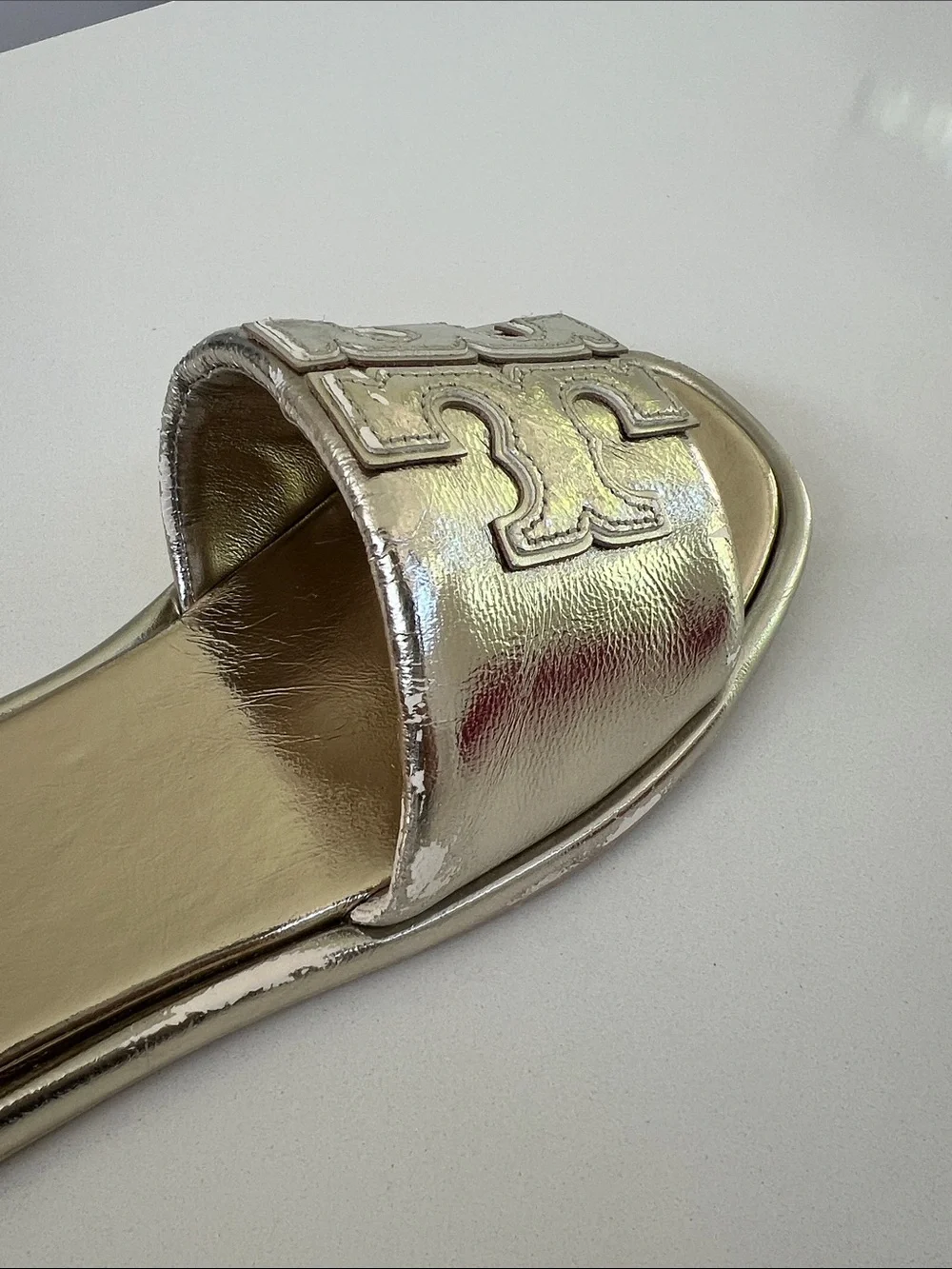 Tory Burch spark gold metallic open toe double T sport slide leather sandals 8